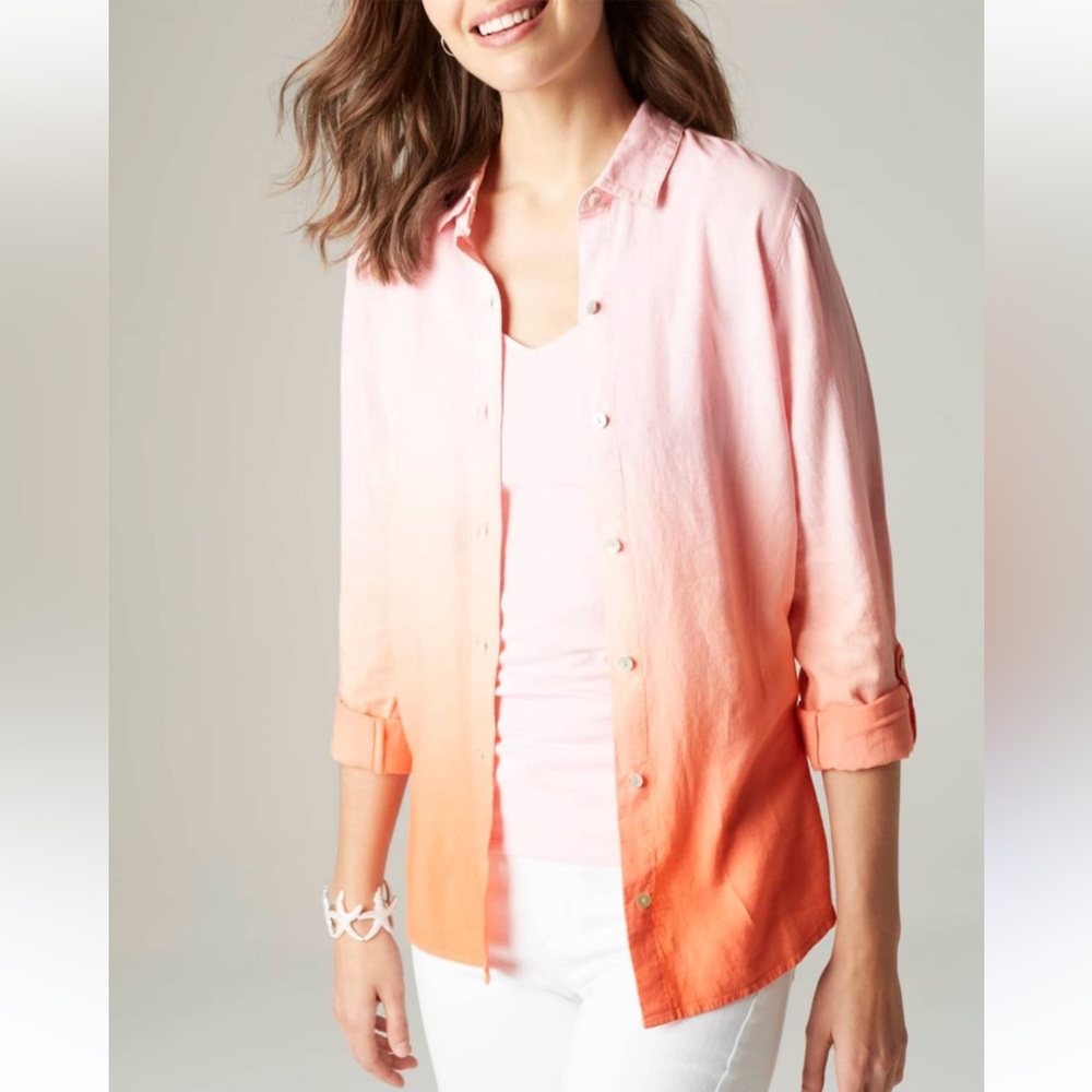 J. Jill Pink and Orange Ombre Button-Down Shirt SZ XL linen blend